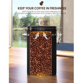 HAIOOU Large Coffee Canister, 38OZ Oversized Stainless Steel Coffee Bean Storage Container with Date Tracker, Measuring Scoop, CO2 Releasing Valves for Beans, Grounds and more - Black