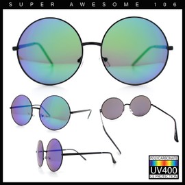 SA106 Color Mirror Iconic Hippie Oversize Round Circle Lens Sunglasses Black - Teal Mirror