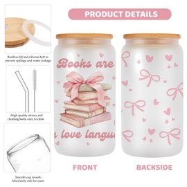 KATEKAT Book Lovers Gifts - Books Are My Love Language 16OZ Glass Cups with Lids and Straws - Bookish Present - Reading Gifts for Book Lovers, Women, Readers, Bookworm