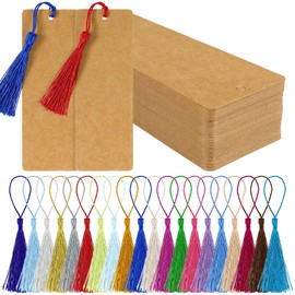JHZMCRX 100 Pcs Paper Bookmarks Blank with 100 Pcs Colorful Tassels, Cardstock Book Marks Bulk, Bookmark for DIY Arts Crafts Projects Reading Books Tags Decorations Brown