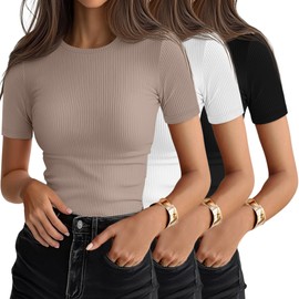 Ficerd 3 Pack Women's Ribbed T-Shirts, Cotton Short Sleeve Basic Tees Crew Neck Fitted Tops Summer Casual Shirts 2025 Trendy(Black, White, Khaki,X-Large)