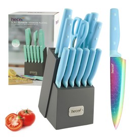 Hecef 14 Pieces Kitchen Knife Set with Wooden Block Rainbow Titanium Coated Chef Knife