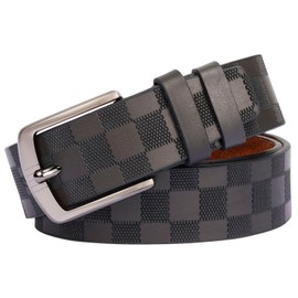 renwoxing Men's Leather Belt, 1.5 inch Checkered Pattern, Pin Buckle, Black and Coffee (black, 35"-37" Width Adjustable)