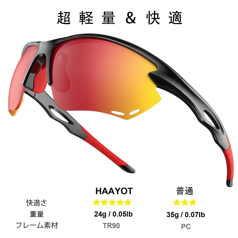 [HAAYOT] 偏光サングラス男性女性サイクリングメガネスポーツサングラス軽量耐久性TR90フレームMTBゴーグル釣り運転、光沢のある黒＆レッドゴールド
