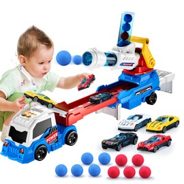 AuroTops Toy Trucks Eejection&Shooting Cars Toys for Kids Shooting Toy Sets with Light & Sounds Foldable Truck Toys for Boys Girls Birthday Gifts for Kids 3 4 5 6 7 8,Include 4 Racing Cars,10 EVA Ball