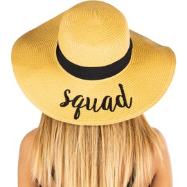 Funky Junque Embroidered Just Married Beach Hat Honeymoon Sun Hat for Bride UPF 50 Protection Adjustable Lightweight Paper Straw - Squad