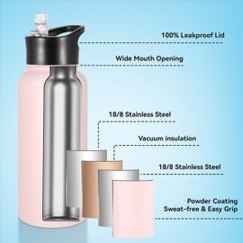 VEGOND 32 oz Insulated Water Bottle Stainless Steel Metal Water Bottles with Leak Proof Straw Lid & Spout Lid, Wide Mouth Double Walled Vacuum Travel Sports Bottle, Pink