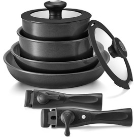 BEZIA Induction Cookware with Healthy Ceramic Coating, Nonstick Pots and Pans Set 10pcs with Detachable Handles, Induction RV Kitchen Set with Removable Handles, Oven Safe
