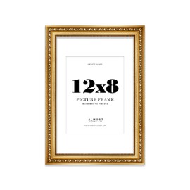 12x8 Gold Ornate Photo Frame With White Mat For 8x6 Picture, Ready to Hang or Stand, 1 Pack