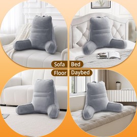 Sasttie Reading Pillow, Back Pillow for Bed Sitting Up, Taller Sit Up Pillow for Bed with Arms Support and Side Pockets, Dark Grey