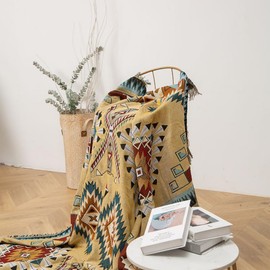 Cuiforest Aztec Woven Blanket Reversible - Southwestern Native American Throw Boho with Tassels for Couch, Bed, Chair, Wall Decor, Indoor & Outdoor (Yellow)