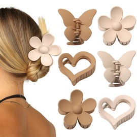 Butterfly Hair Claw Clip 6 Pcs Cute Flower Hair Clips Matte Large Claw Clips for Women Thick Hair Claw Non Slip Heart Clips for Thin Hair Clamps Butterfly Clips (Butterfly/flower/heart (light coffee/light brown)