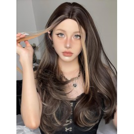 Aadesso coffee brown highlights with light golden color 65cm medium-length Wavy wigs for Daily Wear Heat Resistant Synthetic Matte wig with Realistic Simulation Scalp Middle Part with wig cap