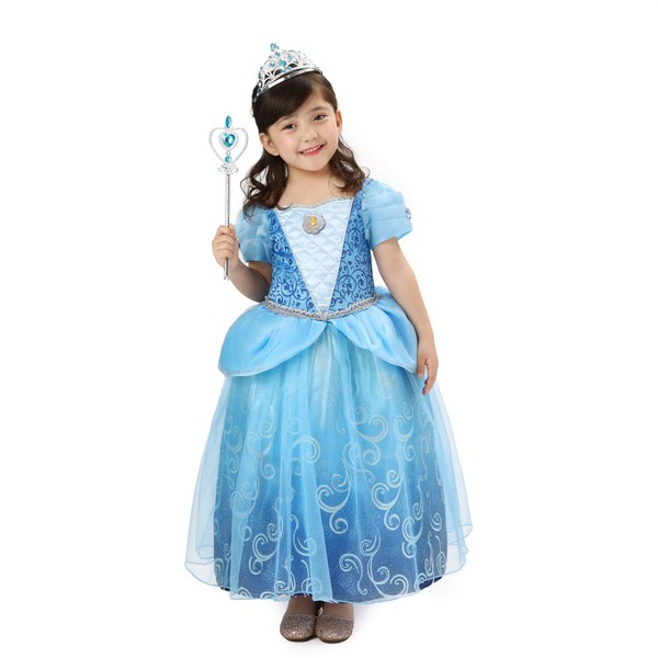 Girls Deluxe Cinderella Princess Fancy Dress with Tiara and Wand for Girls Halloween,Carnival,Birthday Party Dress Up 3-4years