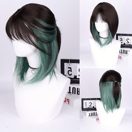 Pelucas Corta Mujer, Peluca con Fleco y Mechas, Cabello Sintético Premium