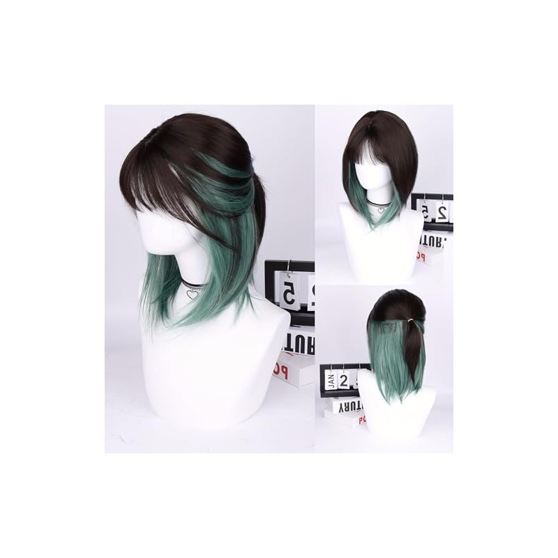 Pelucas Corta Mujer, Peluca con Fleco y Mechas, Cabello Sintético