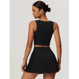 ABOCIW Tennis Skirt Sets Women 2 Piece Golf Outfits High Waisted Pleated Tennis Skirt Set Square Neck Workout Crop Tank Tops Athletic Dress for Women #2 Black Medium