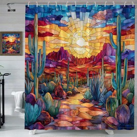 Western Desert Shower Curtain Abstract Colorful Stained-Glass Southwestern Desert Cactus SunSet Montain Boho Tropical Plant Outdoor Country Nature Landscape Bathroom Decor Fabric Curtain with Hooks