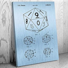 Patent Earth 20 Sided Dice Canvas Print, Game Room Art, Gamer Gift, Dice Blueprint, Board Game Art, Toy Store Decor, Play Room Decor Blue Steel (8 inch x 10 inch)