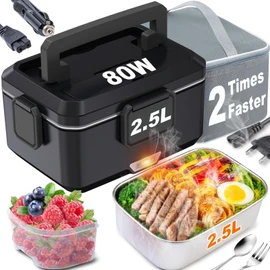 Nifogo Electric Lunch Box for Adults 2.5L 80W Portable Heated Lunch Box for Men 3 in 1 Portable Food Warmer 110V/12V/24V Removable Stainless Steel Container & Big Bag(2.5L-Black)