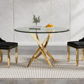 KUVADAZ 36" Glass Gold Dining Table for 2-4, Modern Dining Room Table with 0.39" Tempered Glass Top and Cross X-Shaped Stainless Steel Base, Round Kitchen Table Dinner Table for Dining Room