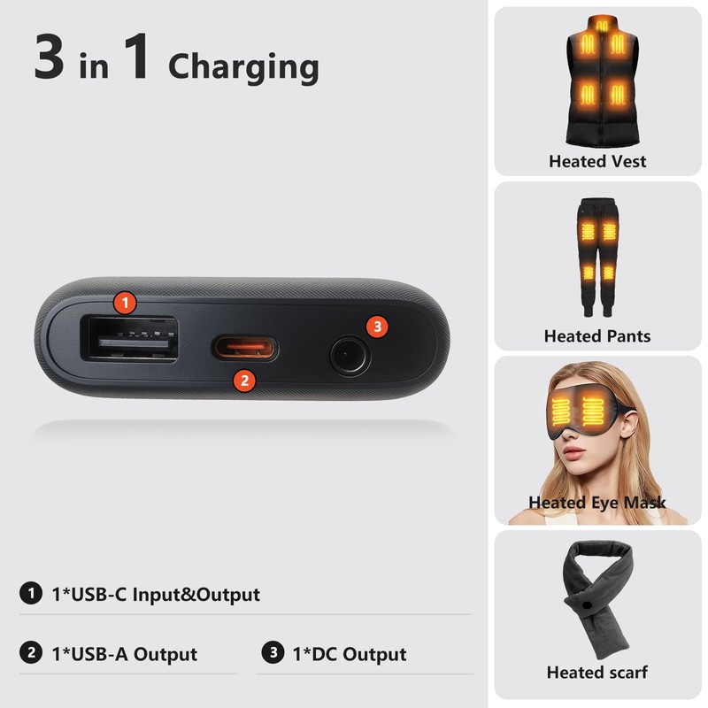7.4V/5V Battery Pack for Heated Vest, Ultra-Small 10000mAh Battery Pack