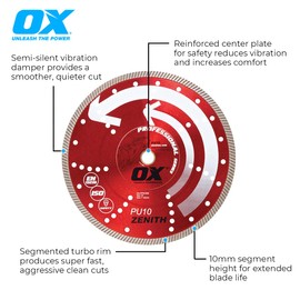 OX Tools OX-PU10-9 9" Fast Cutting Diamond Blade for Reinforced Concrete, Granite, Bluestone and Hard Pavers, Masonry Wet Saw Blade,Diamond Saw Blade,10mm Segments,7/8" - 5/8" Bore