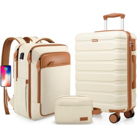 Miusse 20 Inch Hardshell Luggage Sets with Backpack,Carry On Luggage 22x14x9 Airline Approved for men & women, Business Travel and Weekend Getaways​ (Beige)