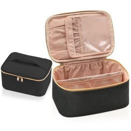 Women's Cosmetic Bag, Travel Makeup Bag, Large Make Up Bag, Organiser, Waterproof Travel Cosmetic Bag with Handle and Brush Compartment, Toiletry Bag, black, Fashions