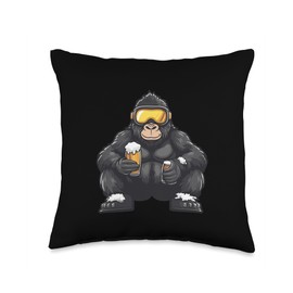 Ski Gorilla With Beer | Apres Ski Comic Throw Pillow
