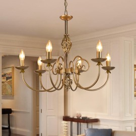 Sedelan 6-Light French Country Farmhouse Chandelier, 23.62" Vintage Antique Brass Rustic Candle Pendant Light, Adjustable Height E12 Lighting Fixture for Dining Room Kitchen Island Entryway Bedroom