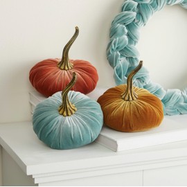 Set of 3 Velvet 6.25 Inch Pumpkins, Autumn Mantle Decor, Holiday Centerpiece for Table, Gold Wedding Centerpiece (Sage, Gold, Harvest)