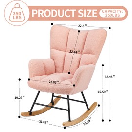 ELLUROOW Nursery Rocking Chair Teddy, Bedroom Furniture Glider Chair Comfy Teddy Recliner with Wing Backrest Wide Armrest, Pink