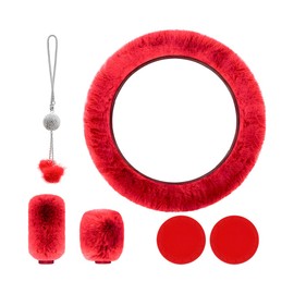 Yourkar 6 PCS Fluffy Steering Wheel Covers Set, 15 Inch Soft Steering Wheel Cover, Handbrake Cover & Gear Shift Cover & Cup Holder Coaster & Car Mirror Accessory, Car Accessories (Red)