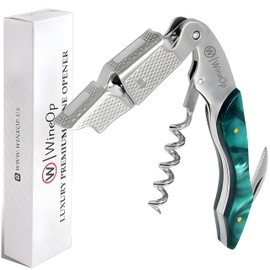 WineOp Professional Wine Opener - Luxury Double Hinged Waiter's Corkscrew Wine Bottle Key - Cork screwer for Servers, Bartenders, Sommelier and Home Use | All-In-One Stainless Steel - Green Resin