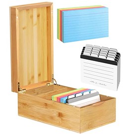 Index Card Holder Bamboo, 3x5 inches Index Card Box, Note Flash Card Organizer Case, Wood Recipe Box, Business Card Storage Box with Divider Tabs, 4 Compartments for 600 Cards, Card File Note Card Holders, Wood Desk Organizers, 5.8ââW x 10ââD x 4