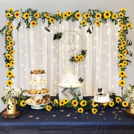 10 Pack Artificial Sunflower Garland, 7ft/Count Silk Sunflowers with Green Leaves, Flowers Vines for Room Home Kitchen Garden Wedding Arch Bridal  Shower Party Outdoor Decor Decorative Fruit Plants Ornaments - Color: Medium-10Count