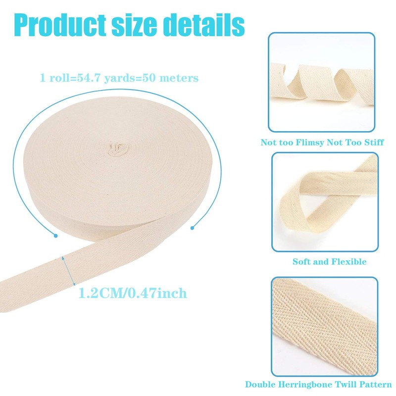 50Meters Cotton Twill Tape Ribbon,Soft Natural Herringbone Webbing Tape Roll