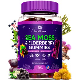 LetaGreen Irish Sea Moss Gummies – Bladderwrack Burdock Root Elderberry Vitamin C & Zinc – 60 Vegan Seamoss Gummy Bears for Adults Kids Men Women – Multimineral Elderberry Vitamins