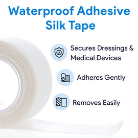 DermaRite Waterproof Adhesive Silk Tape, 1" x 10 Yards, 12 Pack - High Strength Surgical Tape for Skin - Hypoallergenic Medical Tape - Flexible, Bidirectional Tearing - Adheres Gently, Removes Easily