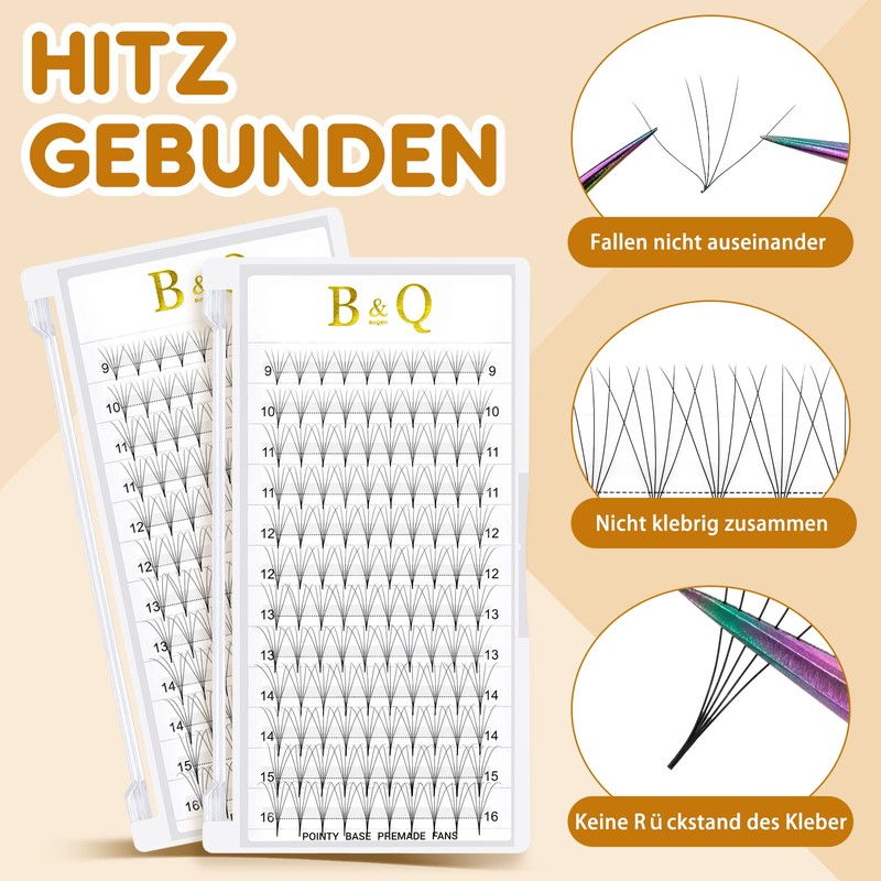 B&Q Ready-to-Use Fan Eyelashes, 5D-C-0.10-9-15 Mix, Pointed Base, Lash Extensions,