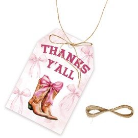 FORSHEEP 50pcs Pink Bow Cowgirl Thank You Tags, Western Cowgirl Gift Tag with String for Girl Birthday, Coquette Boots Thank You Paper Tags for Western Themed Party Favors