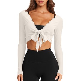 LASLULU Womens Tie Front Pilates Wrap Tops Long Sleeve Bolero Shrugs Crop Cardigan Yoga Ballet Cover up Tops Pilates Outfits (Beige, Small)