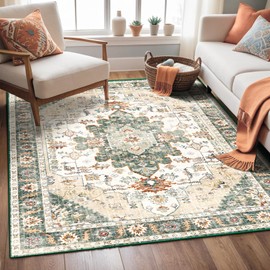 Roseek Area Rugs 4x6, Washable Rugs for Living Room, Non-Slip Rug, Boho Medallion Rug, Distressed Carpet, Low Pile Boho Rugs for Bedroom Dining Room