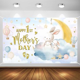 Aperturee Happy 1st Mother’s Day Banner 70.8 x 43.3 Inch, Baby Bunny and Moon Backdrop for First-Time Moms Baby Shower Party Decorations Mothers Day Party Decor Supplie