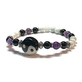 Handmade Yin Yang, Amethyst, Black Tourmaline and Howlite Healing Bracelet 7 Inches