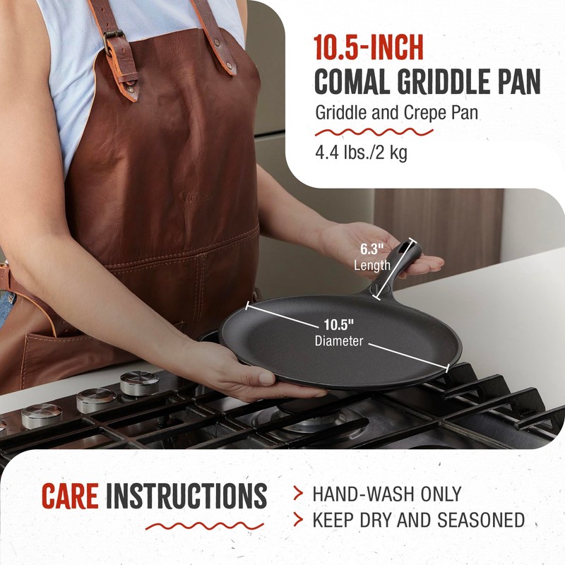 Victoria 10.5-Inch Cast Iron Comal Griddle Pan with a Long