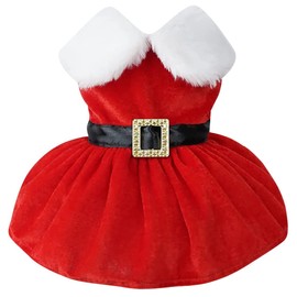 Idepet Christmas Dog Dress, Santa Claus Dog Skirt Xmas Puppy Costume Christmas Outfit Dog Girls Winter Clothes Small Pet Red Skirt Suit (X-Large, Belt)