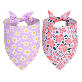QUQULE Spring Dog Bandana Girl Large 2PCS, Pink Purple Daisy Scarf, Durable Triangle Reversible Bibs Handkerchief for Puppy Pet