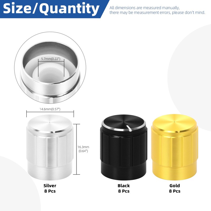 Glarks 24pcs 5.7mm Black/Gold/Silver Aluminum Potentiometer Control Knobs Kit, Potentiometer